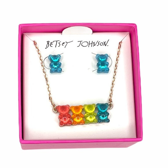 Betsey Johnson Gummy Bear Earrings & Necklace Set Gold Red Blue Yellow Orange - Picture 5 of 5